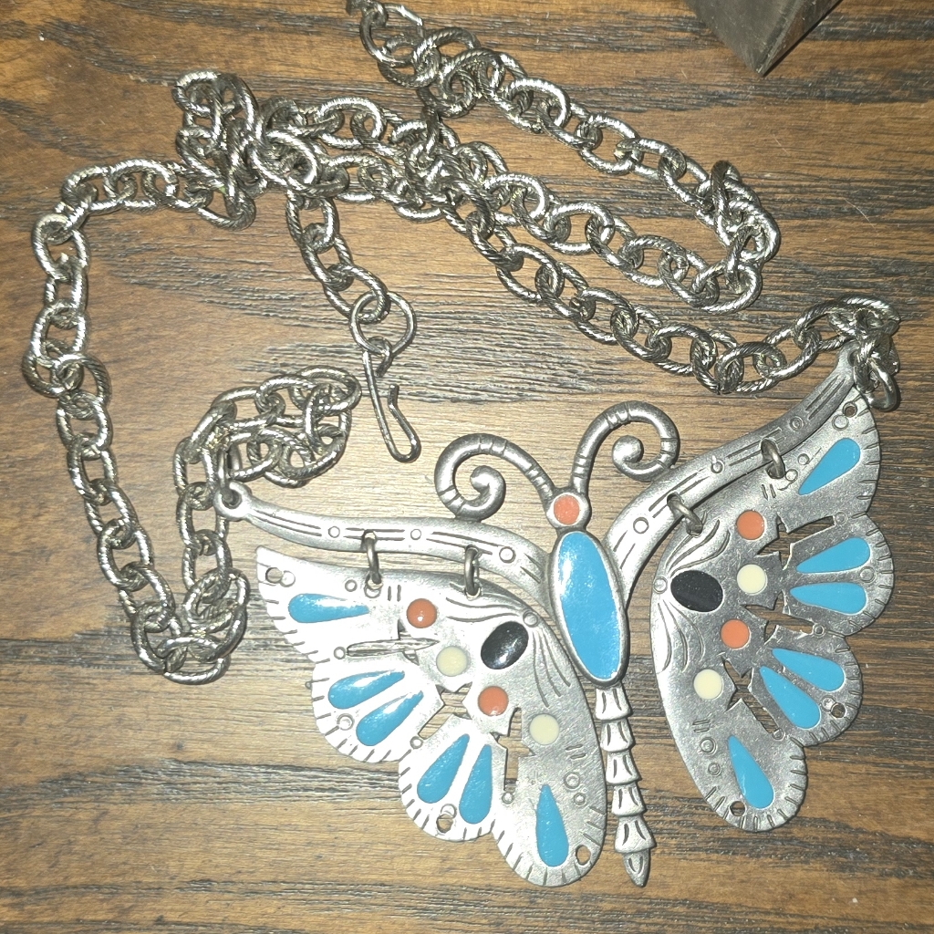Vintage Pewter Celebrity Inlaid Enamel Butterfly Necklace Hook Clasp Closure